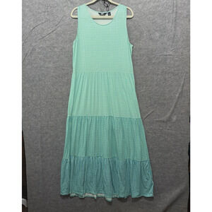 Lands End Tiered Maxi Dress Womens Sz L Green‎ Gingham Ruffles Stretch Beach